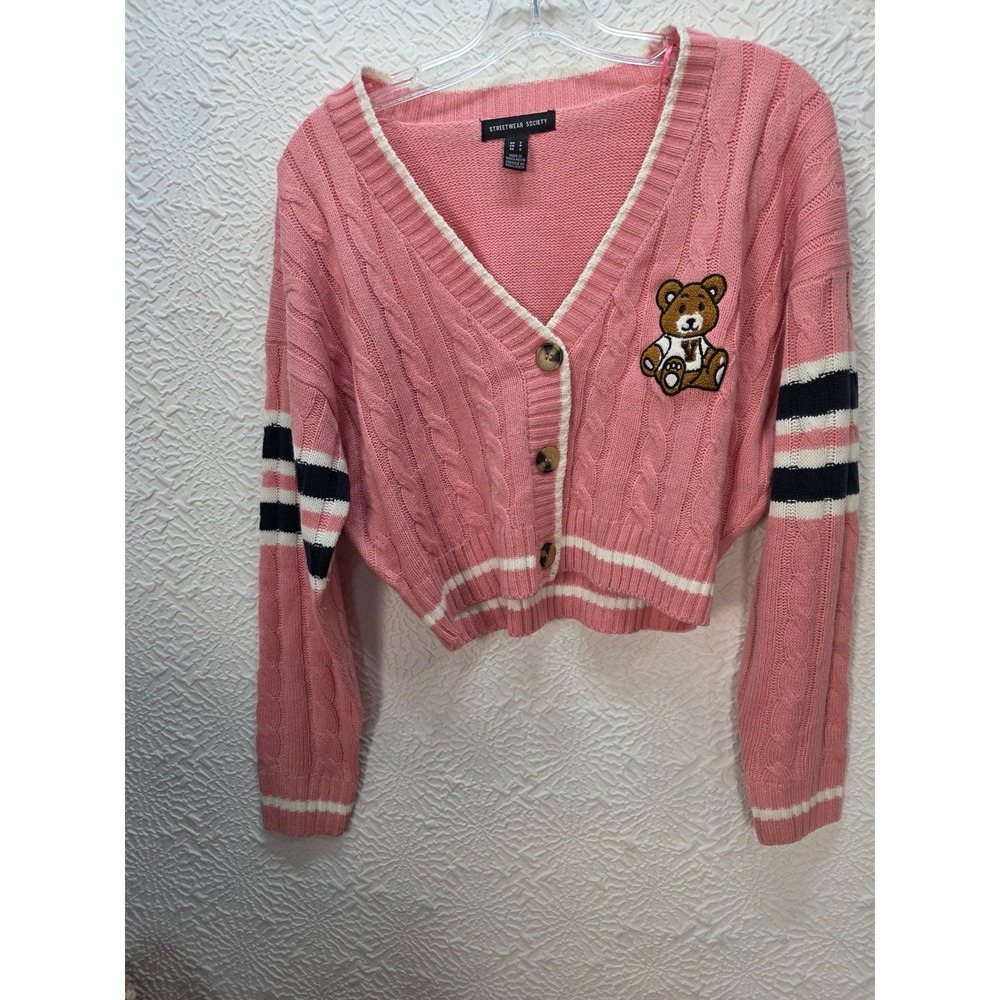 Streetwear Society Cardigan Women Small Pink Good Collegiate Cable Knit Bear